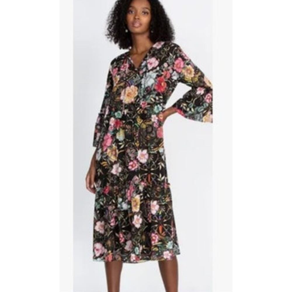 Johnny Was Womens Peace Ruffle Tiered Dress Medium Black Floral V Neck Boho - Picture 2 of 12